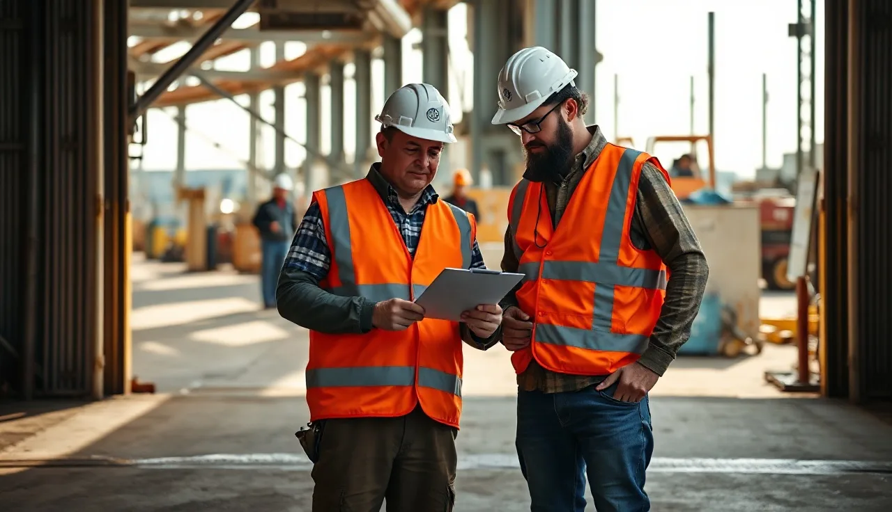 Two workers in hard hats reviewing a safety checklist at an industrial facility entrance