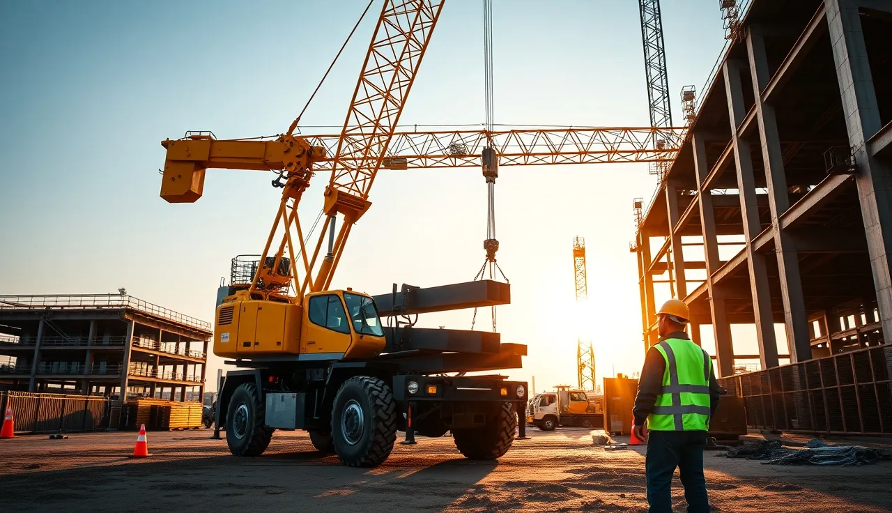 Mobile crane lifting steel beams on a construction site at dawn with rigger nearby