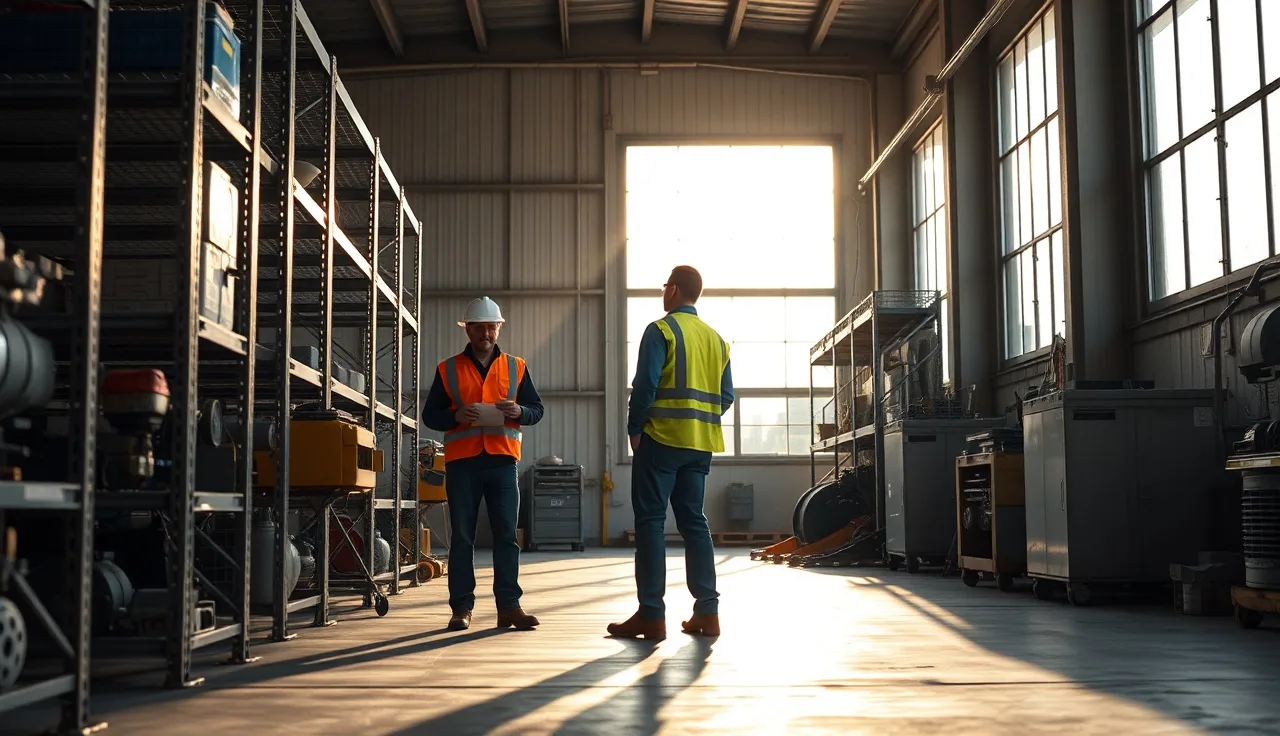 Two workers in safety vests reviewing equipment in a small warehouse