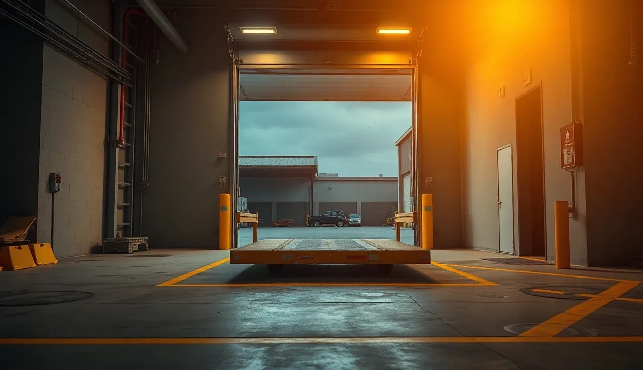 Empty loading dock leveler extended at bay door with wheel chocks on warehouse floor