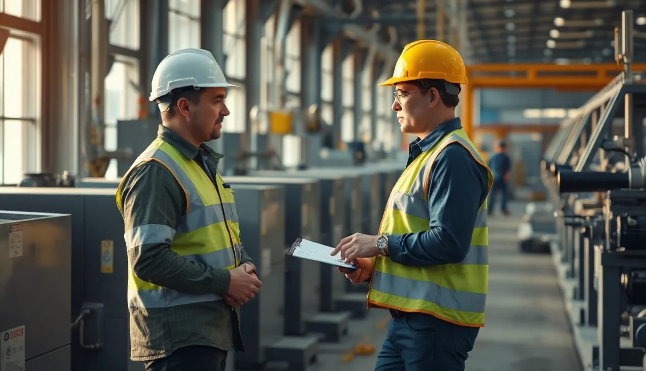 Supervisor and worker conducting a safety inspection on a manufacturing floor
