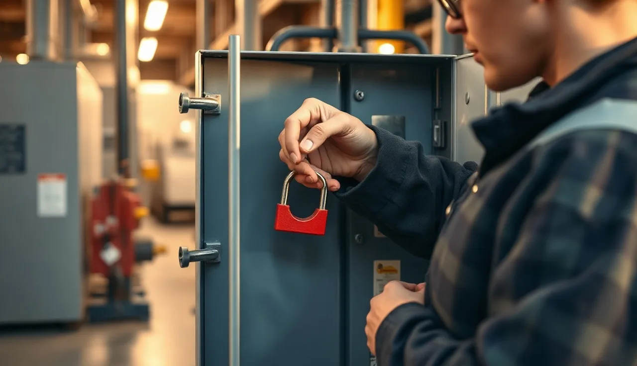 Technician applying red padlock to electrical disconnect panel during lockout tagout procedure