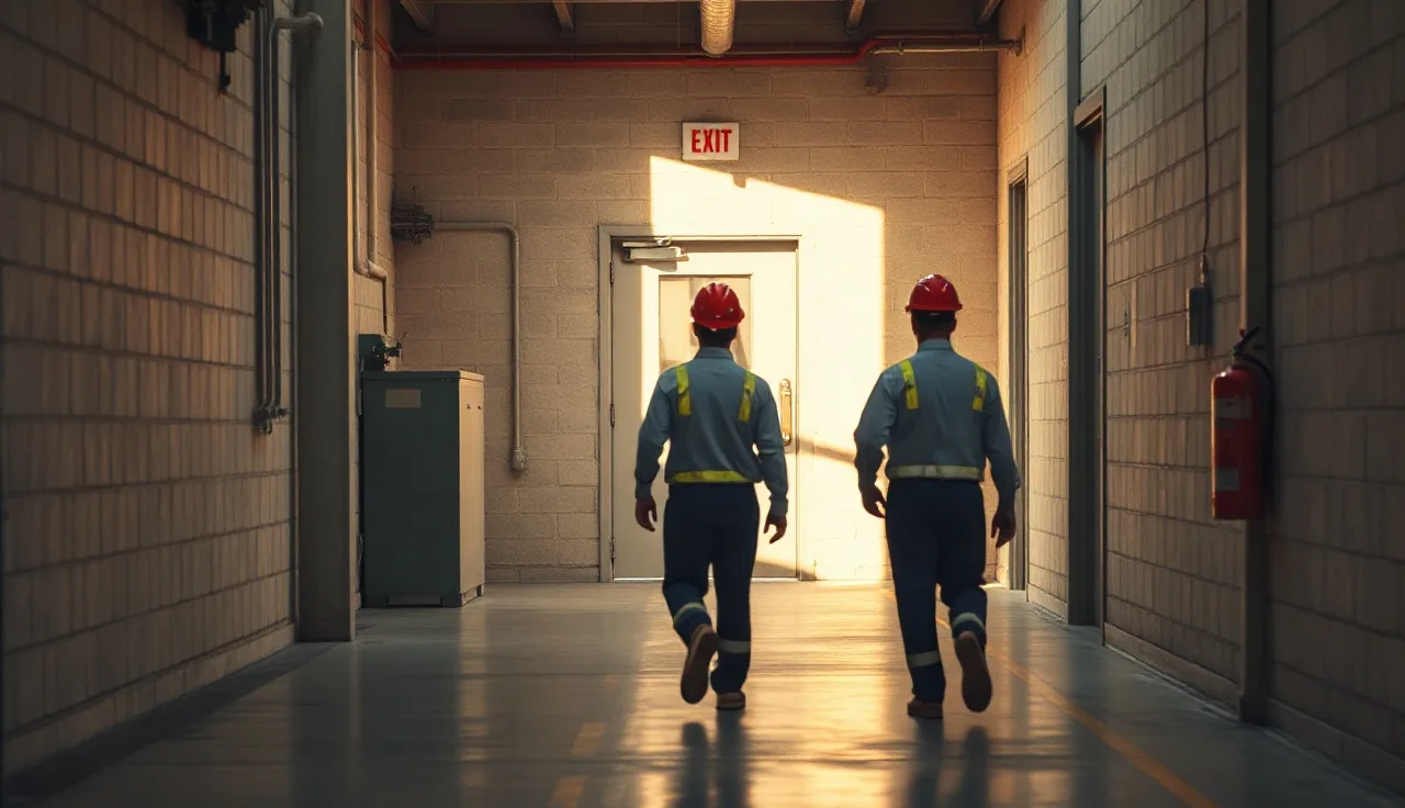 Two workers walking toward an exit door in a small manufacturing shop during emergency evacuation