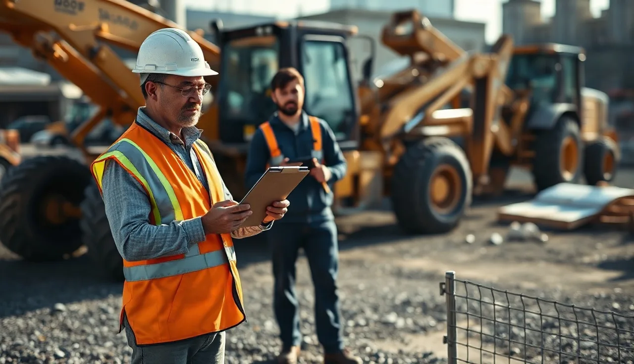 Foreman reviewing safety documentation with workers at a construction site
