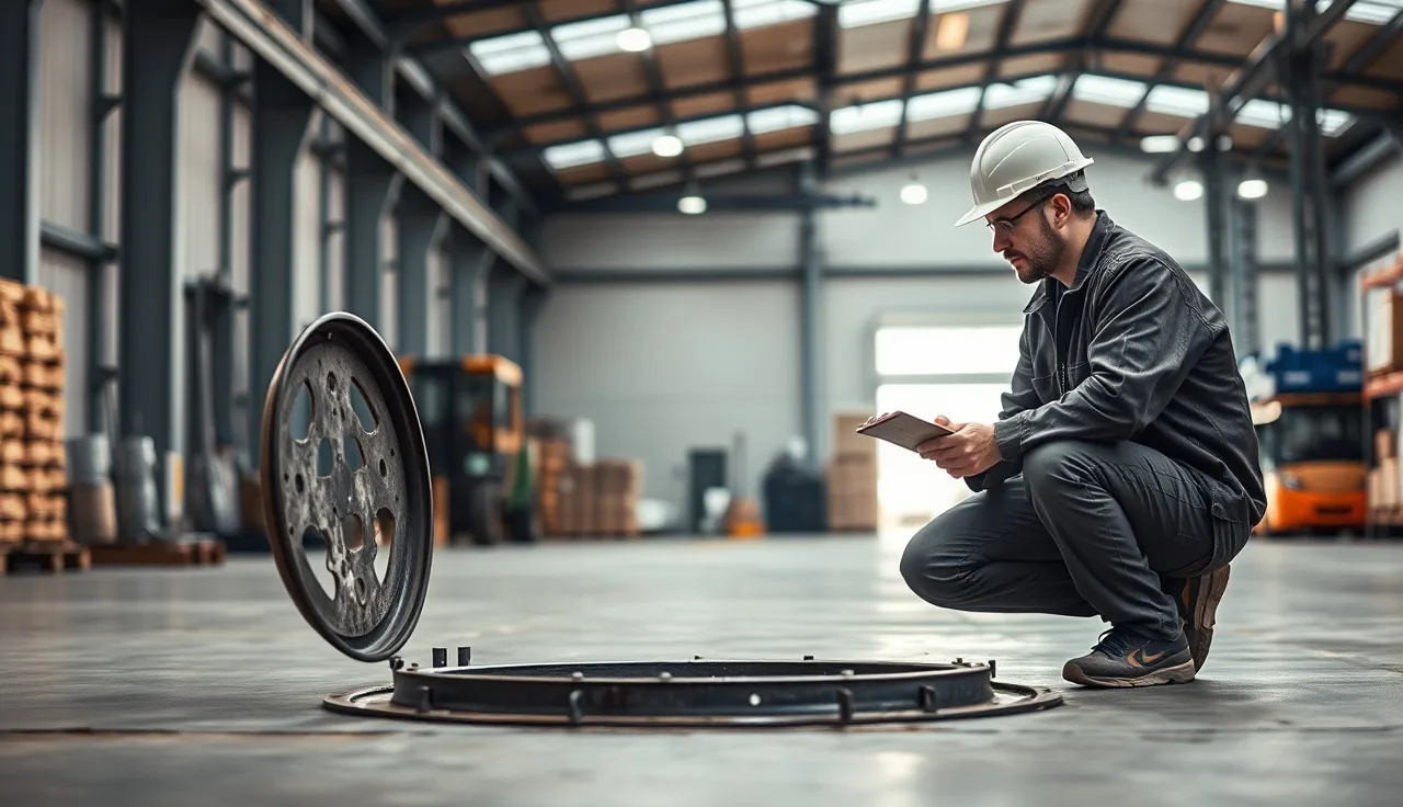 Worker reviewing entry permit beside open confined space manhole in warehouse
