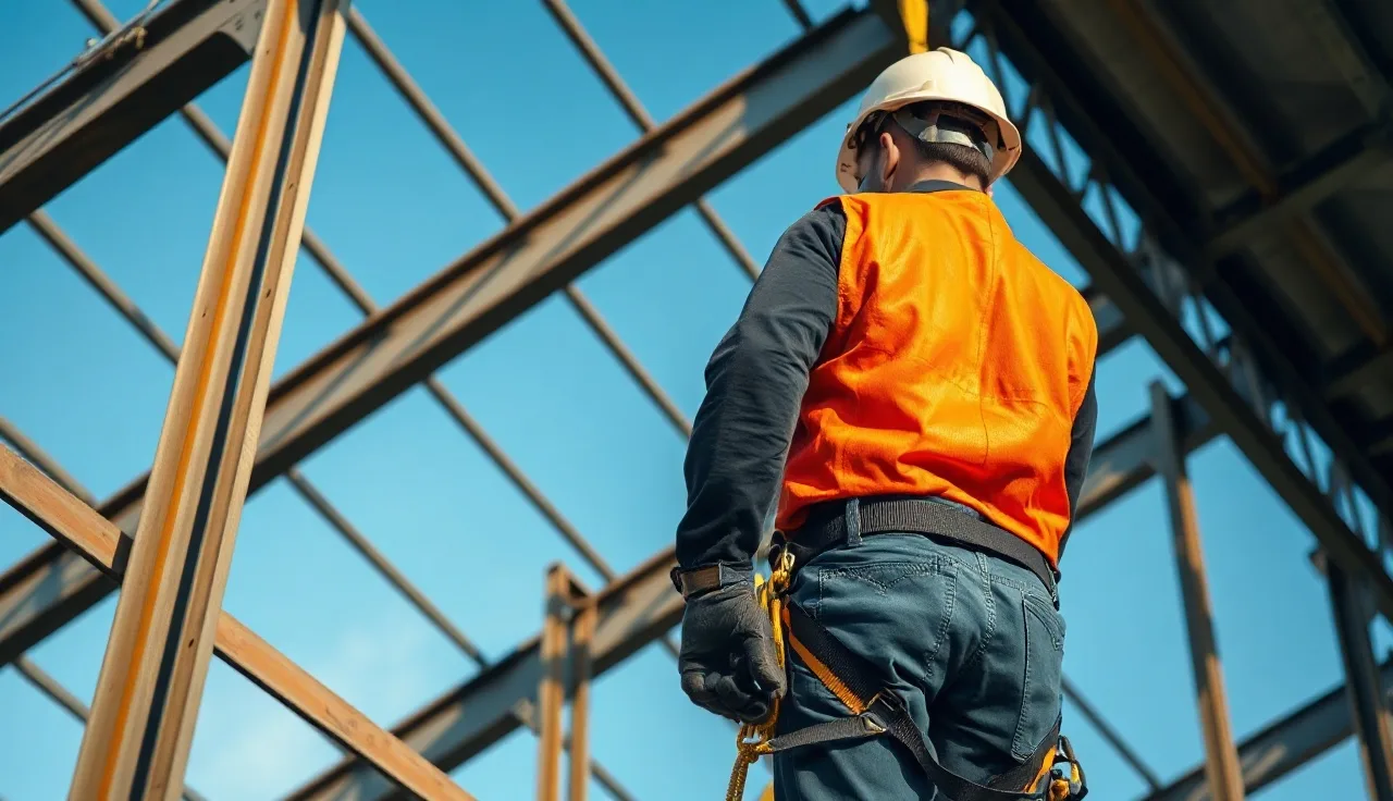 Worker in orange harness attached to lifeline on an elevated steel building frame