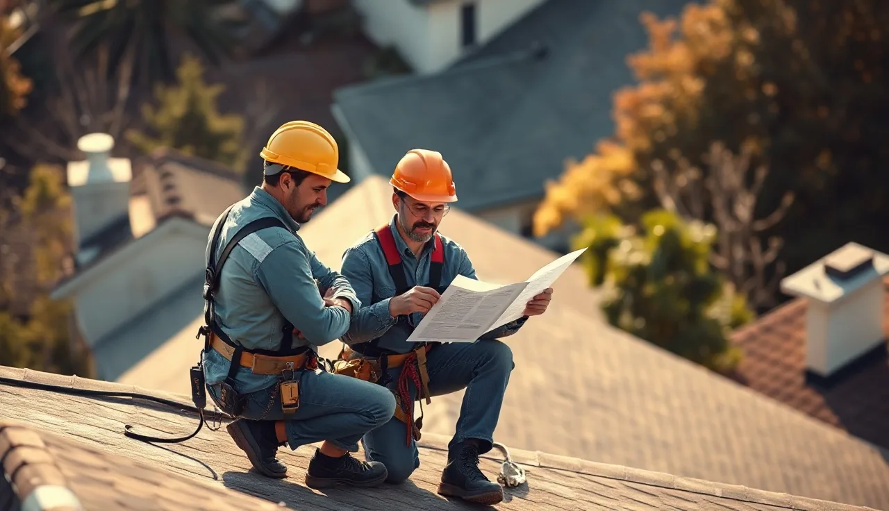 Three roofing workers in harnesses reviewing a fall protection plan on a steep residential roof