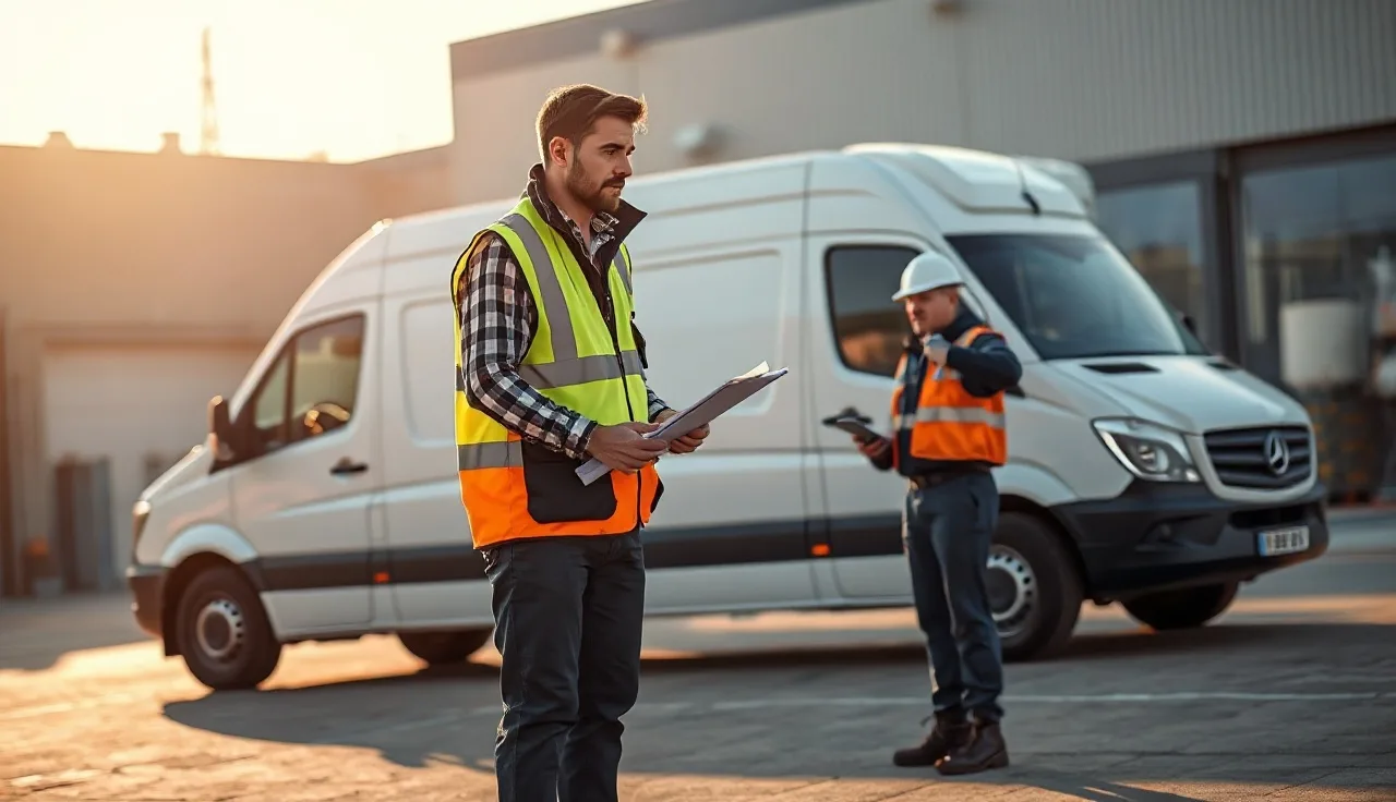 Fleet manager and driver reviewing inspection checklist beside a delivery van at dawn
