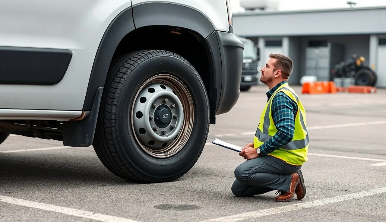 Fleet manager inspecting front tire of a cargo van during a pre-trip safety check