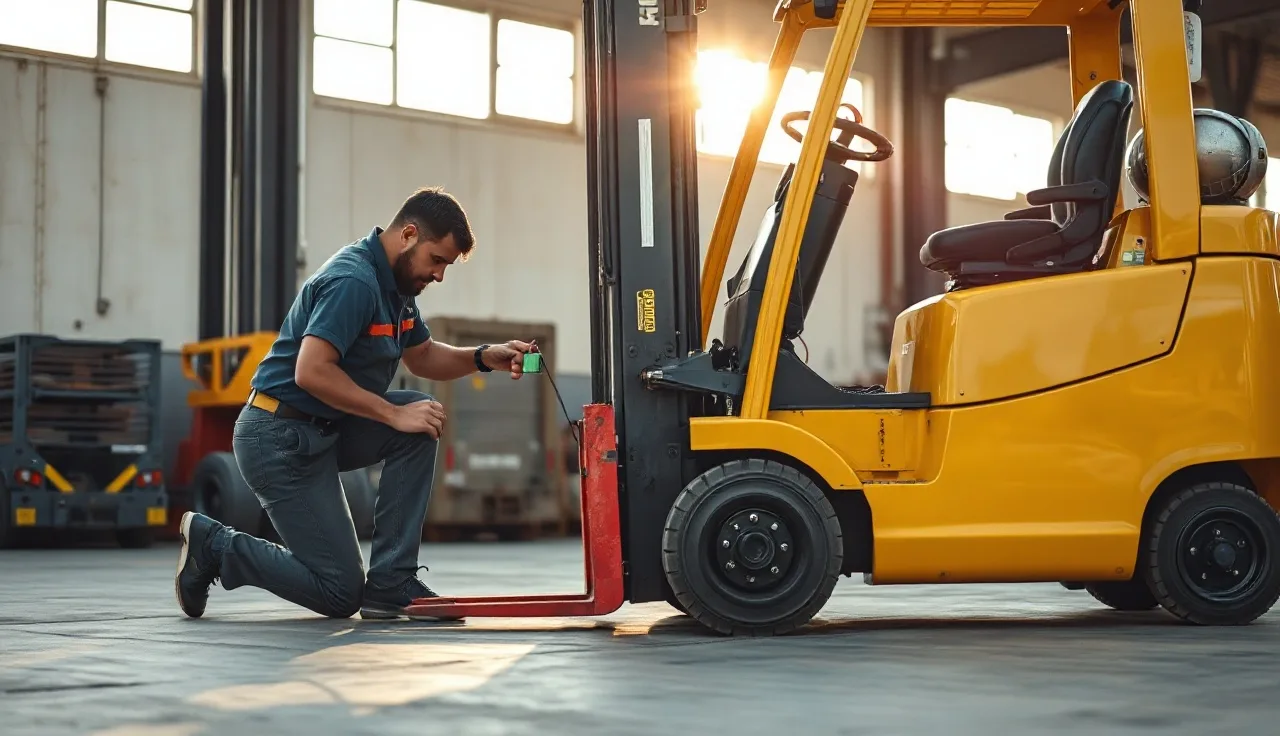 Mechanic applying a red lockout padlock to an electric forklift battery connector