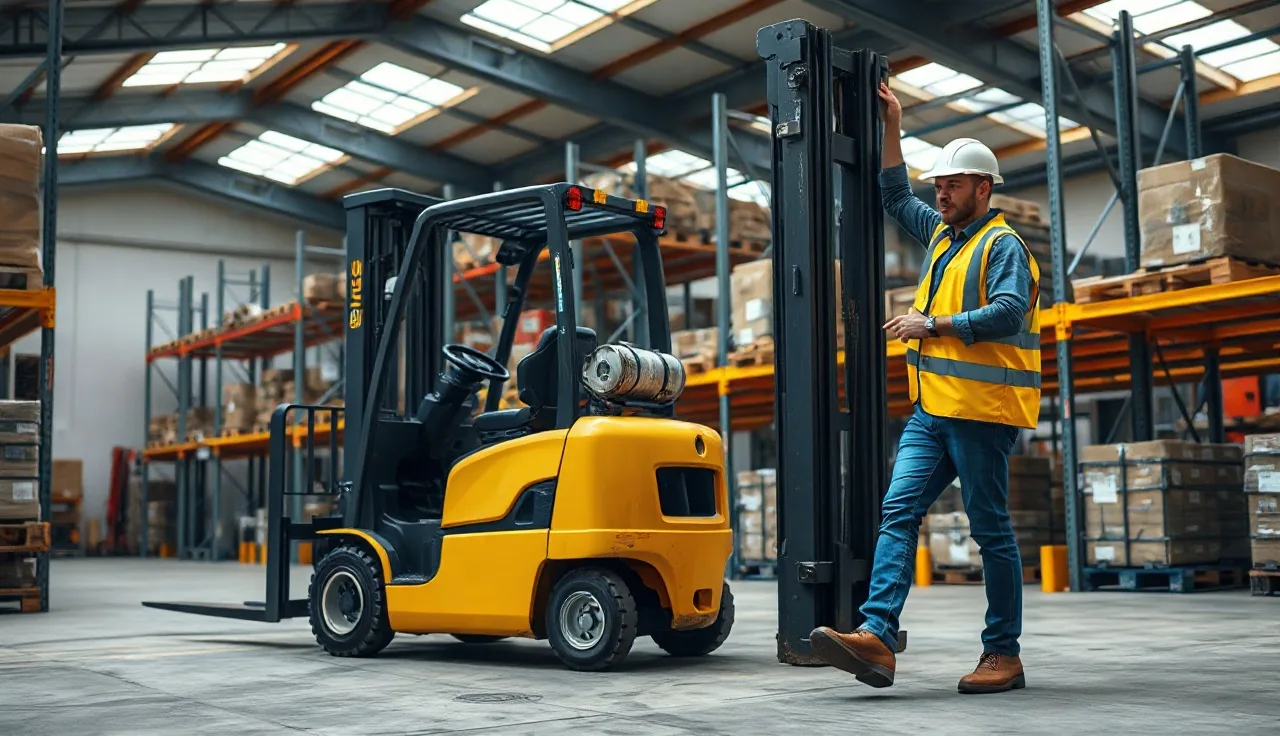 Forklift operator in high-visibility vest inspecting a yellow forklift in a warehouse aisle