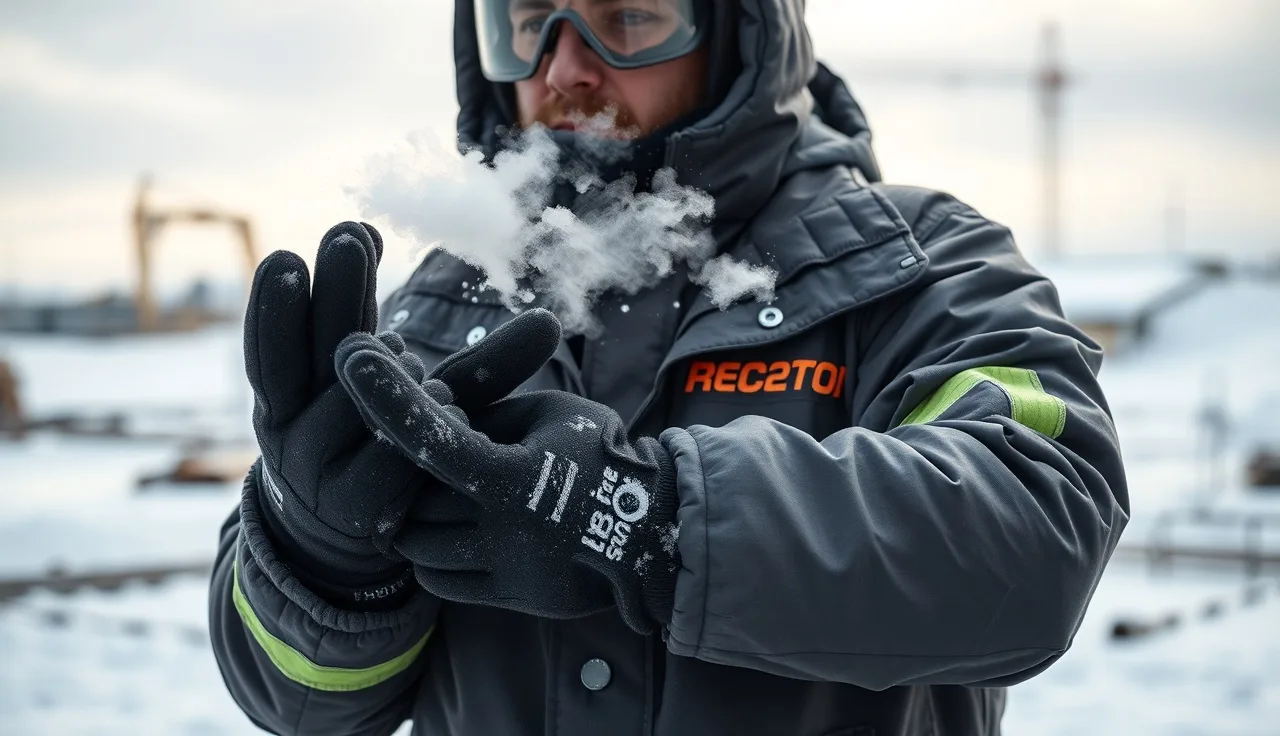 Worker in insulated gear on a snowy outdoor job site in winter cold