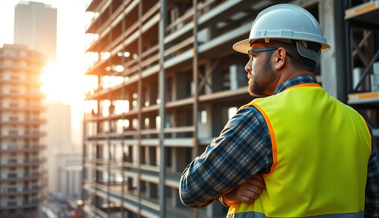 Site superintendent overseeing subcontractor workers on a multi-story construction frame
