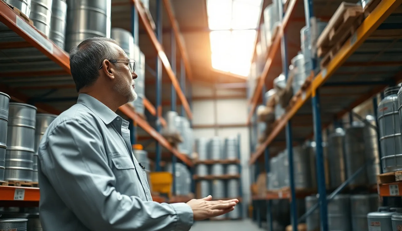 Worker inspecting chemical storage containers in an industrial warehouse