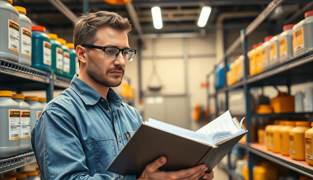 Worker reviewing safety binder near labeled chemical storage containers in an industrial shop