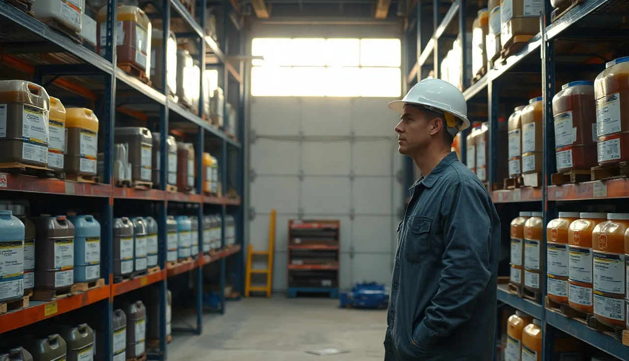 Worker inspecting labeled chemical containers on warehouse shelving under natural light