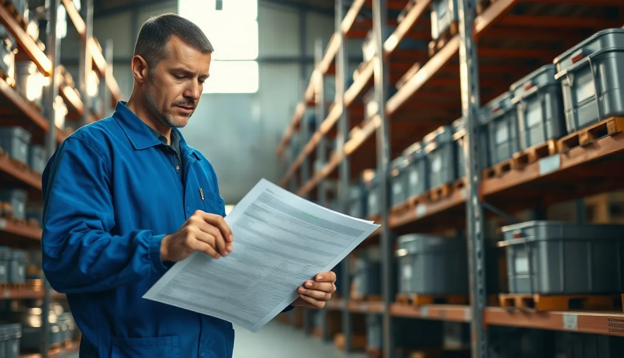 Factory worker reviewing chemical safety information on a manufacturing floor