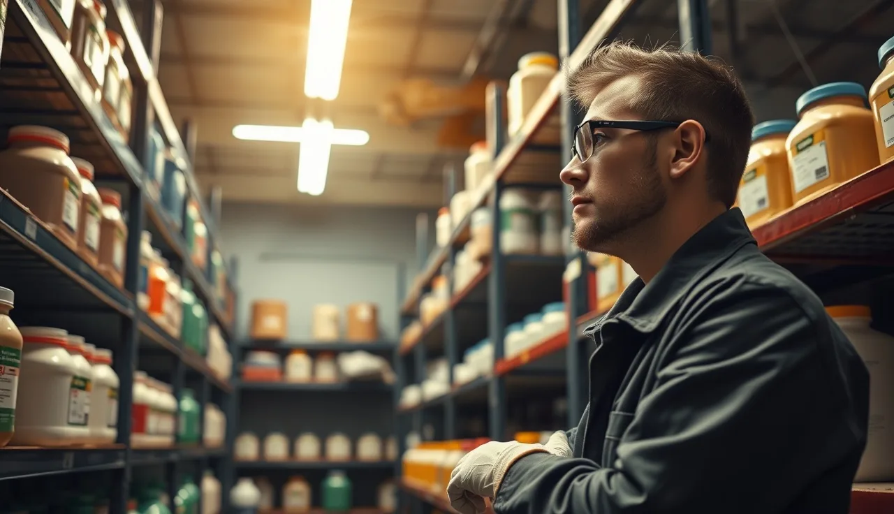 Worker in safety glasses inspecting chemical storage containers in a warehouse