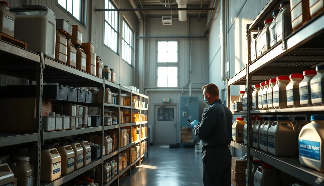 Worker in gloves organizing chemical containers on metal shelving in an industrial facility