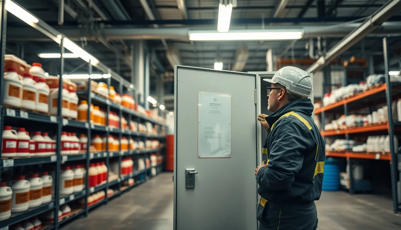 Worker examining chemical storage cabinet in industrial manufacturing facility