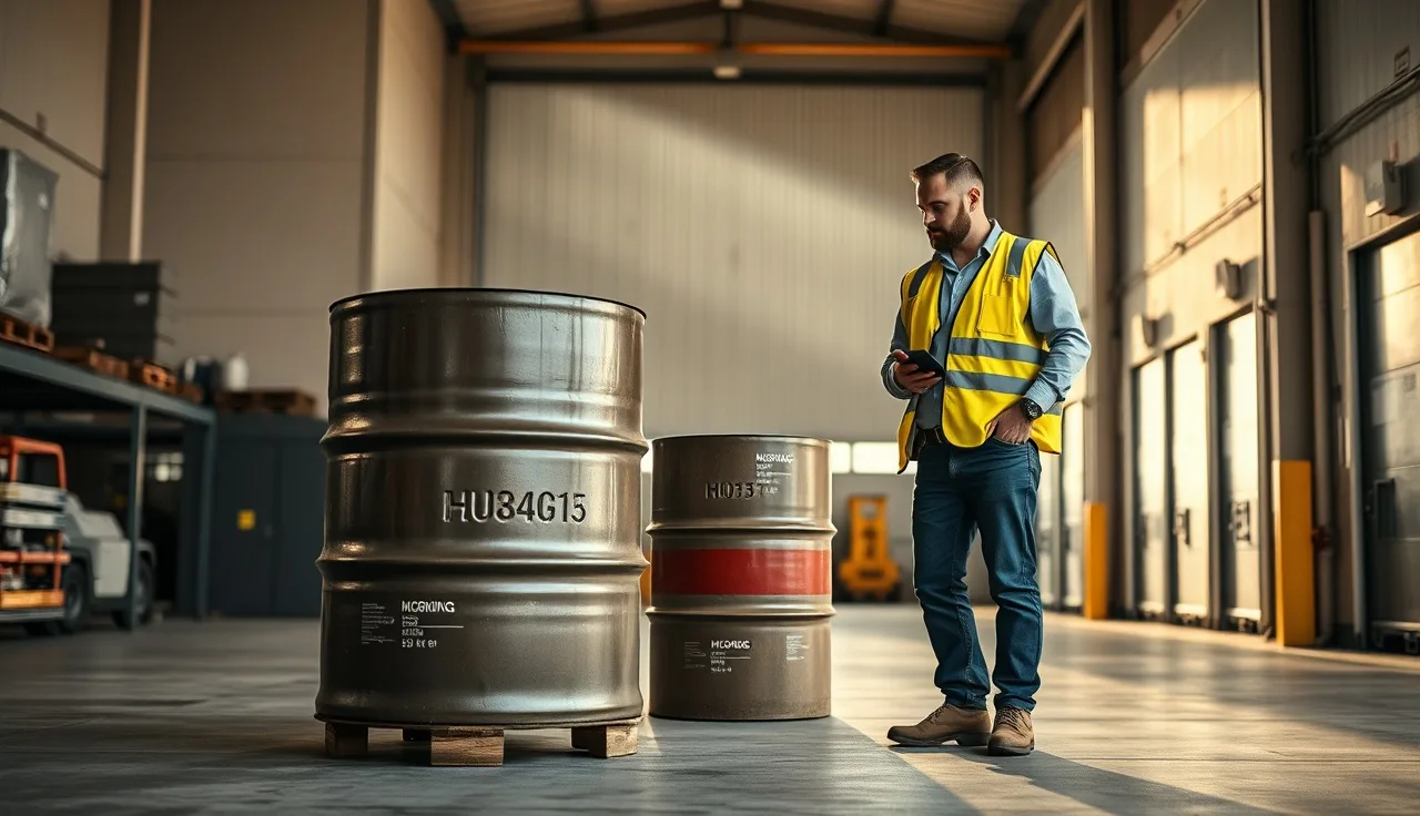 Warehouse worker inspecting industrial chemical drum for hazardous material labeling