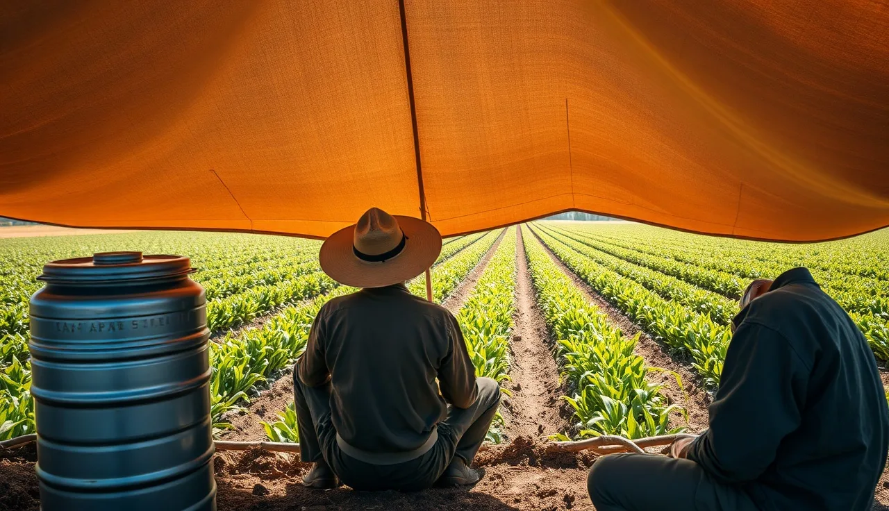 Farm workers resting in shade during heat illness prevention break in crop field