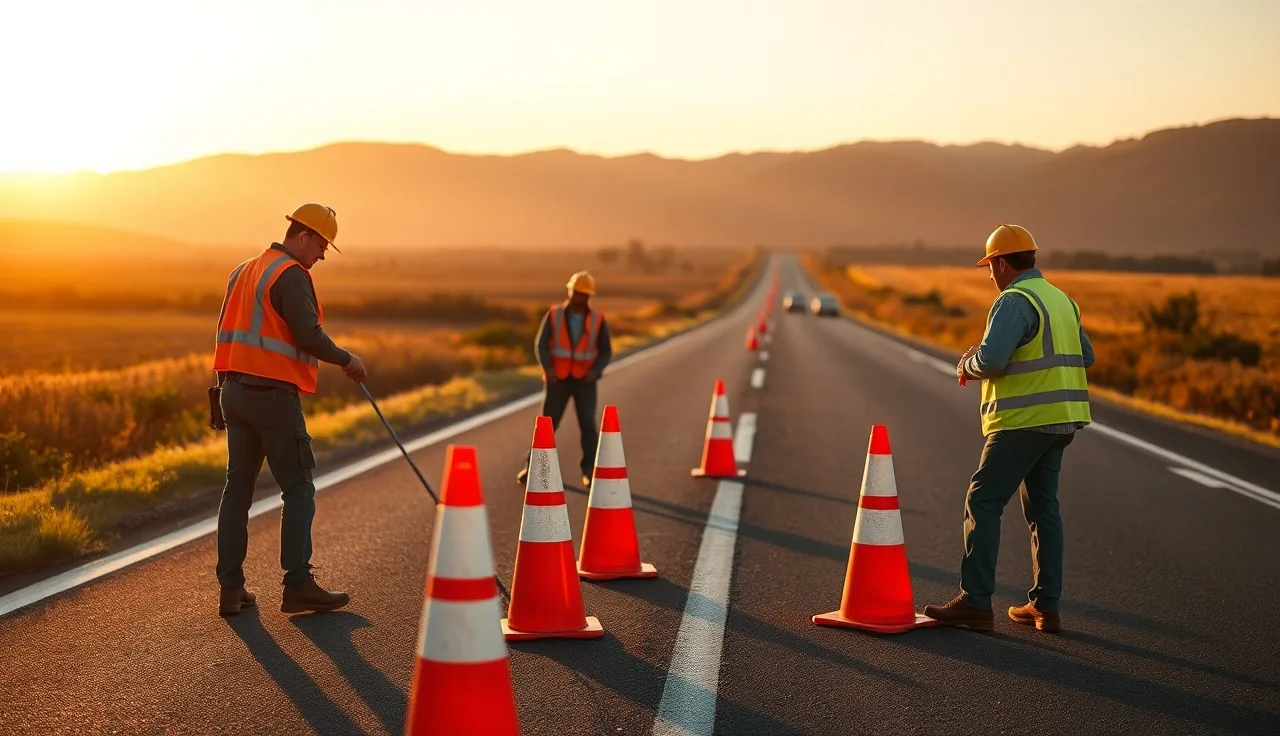 Construction workers in orange vests setting up traffic cones on a rural highway work zone