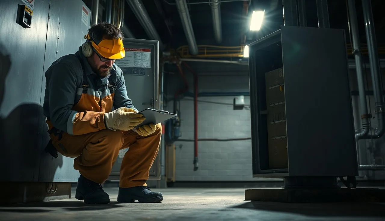 Electrician in arc-rated PPE auditing an open electrical panel in a factory