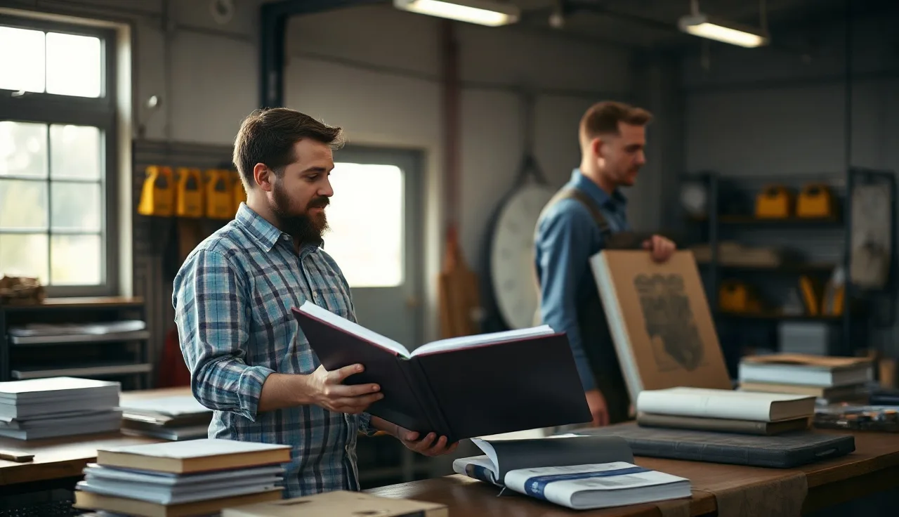 Manager and worker reviewing safety program binder at a workbench in small manufacturing facility