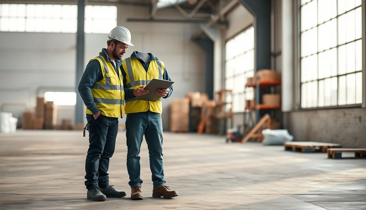 Worker and supervisor reviewing a safety checklist on a warehouse floor
