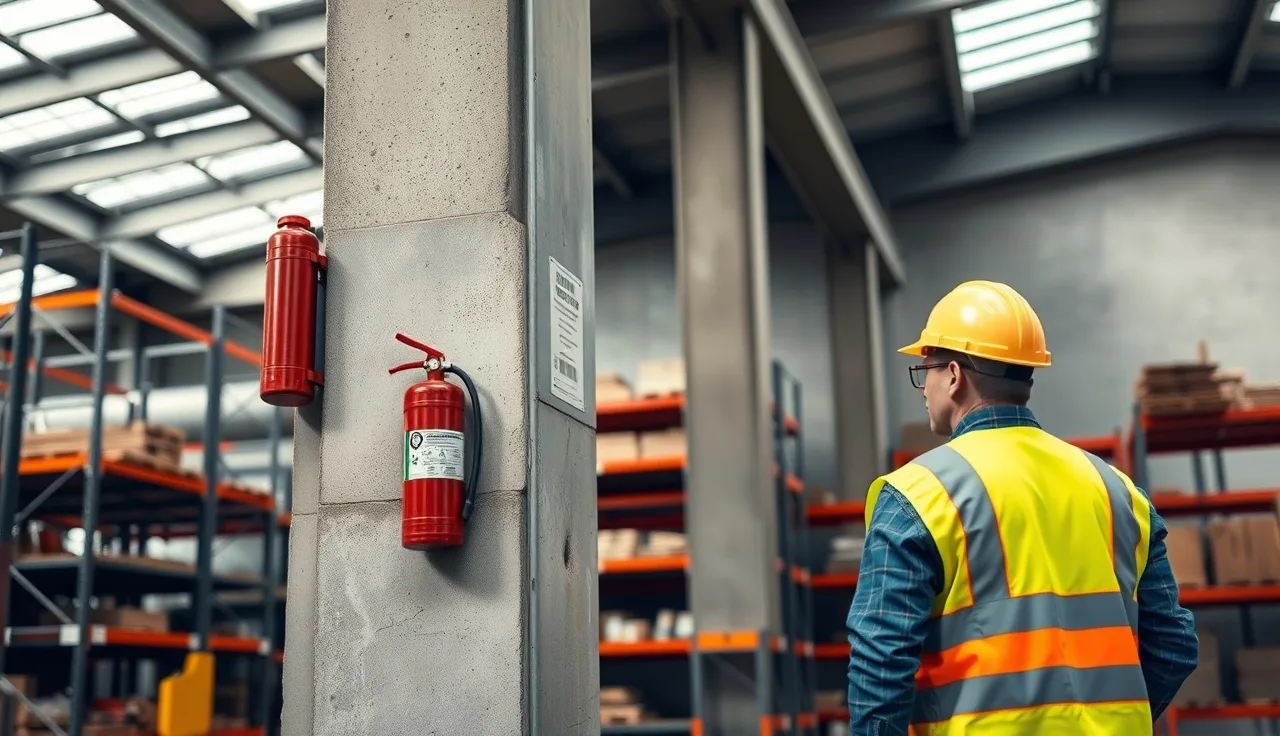 Worker in safety vest inspecting a fire extinguisher mounted on a warehouse column