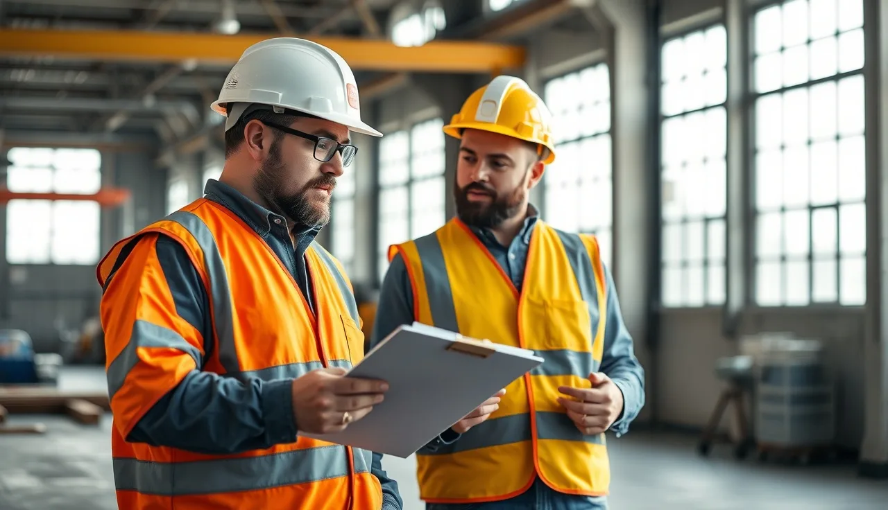 Supervisor and worker reviewing a job hazard analysis on a factory floor
