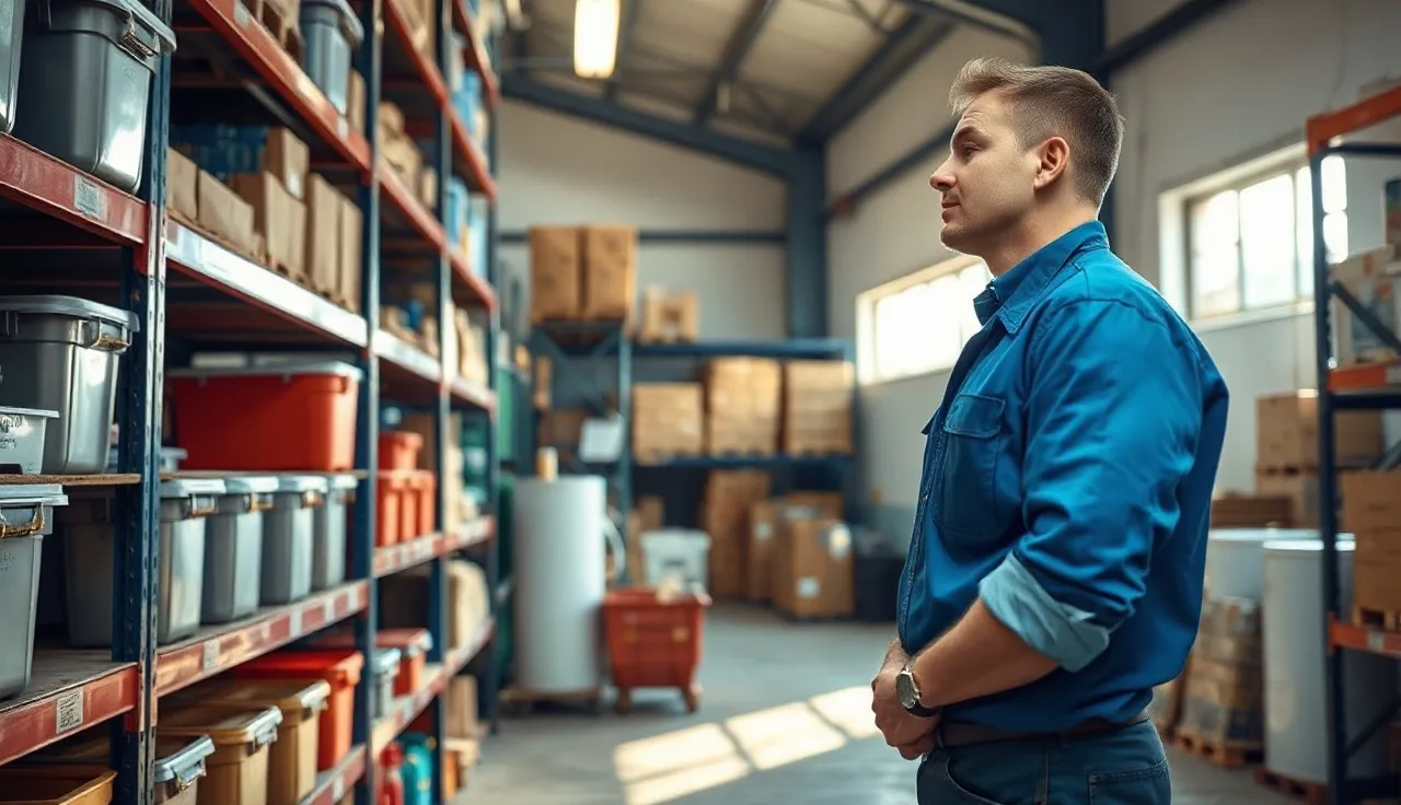 Worker reviewing chemical containers on metal shelving in a workplace storage room