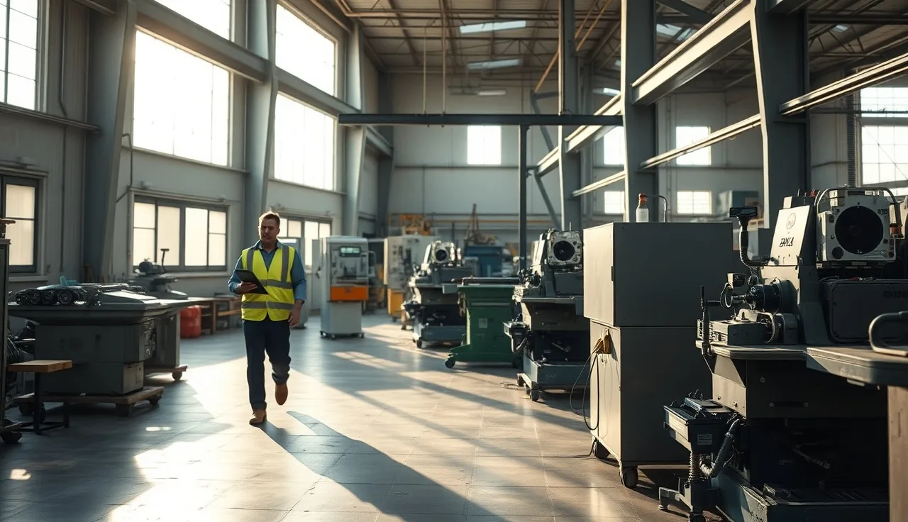 Safety manager walking a manufacturing shop floor holding a clipboard
