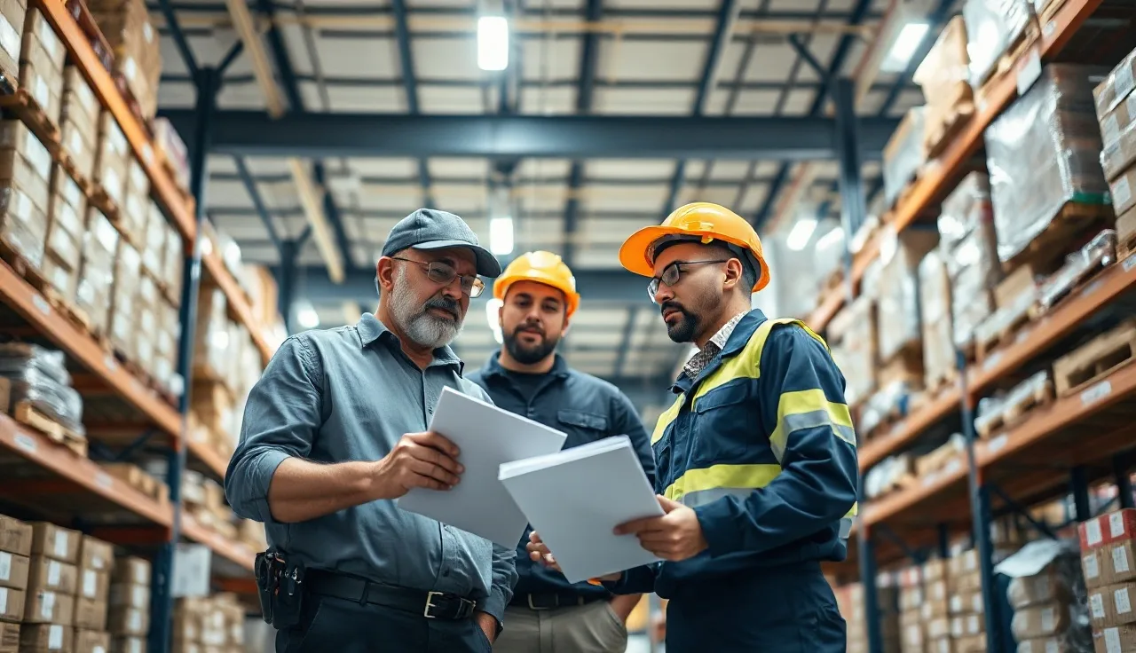 Supervisor and workers reviewing a safety program checklist on a warehouse floor
