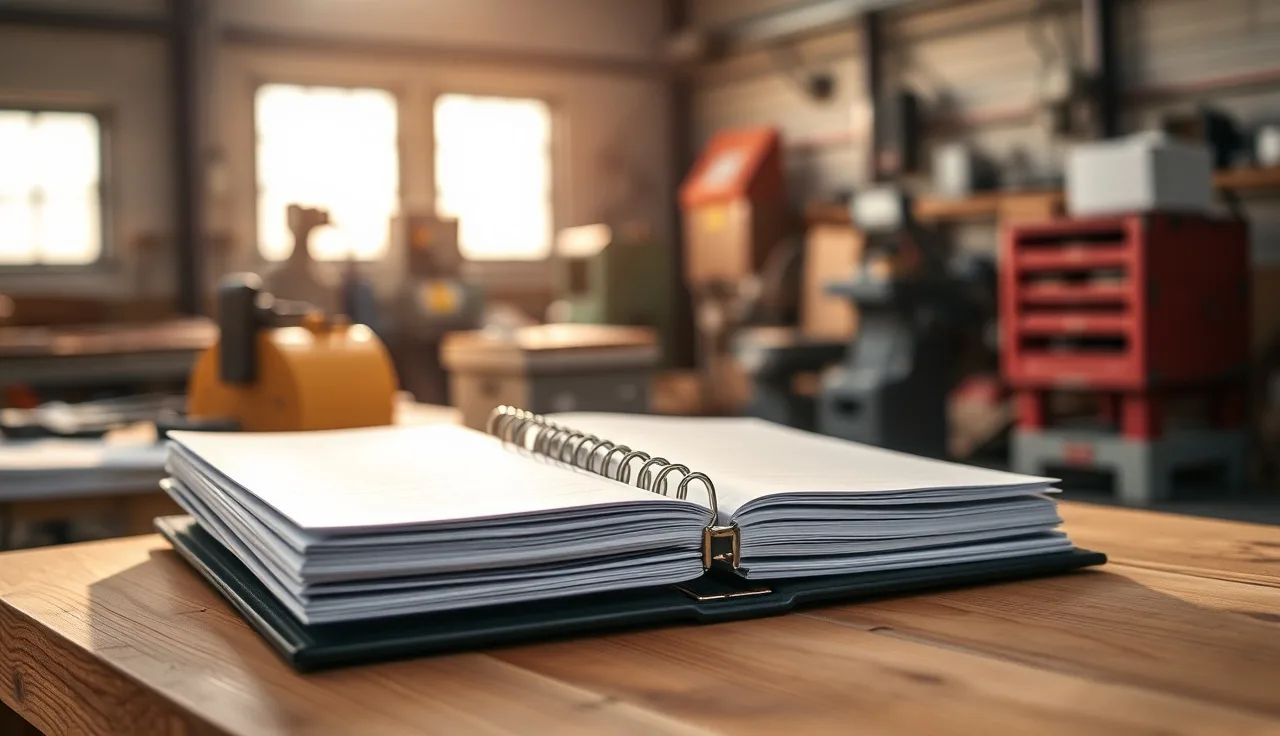Open safety compliance binder with tabbed dividers on a workshop bench