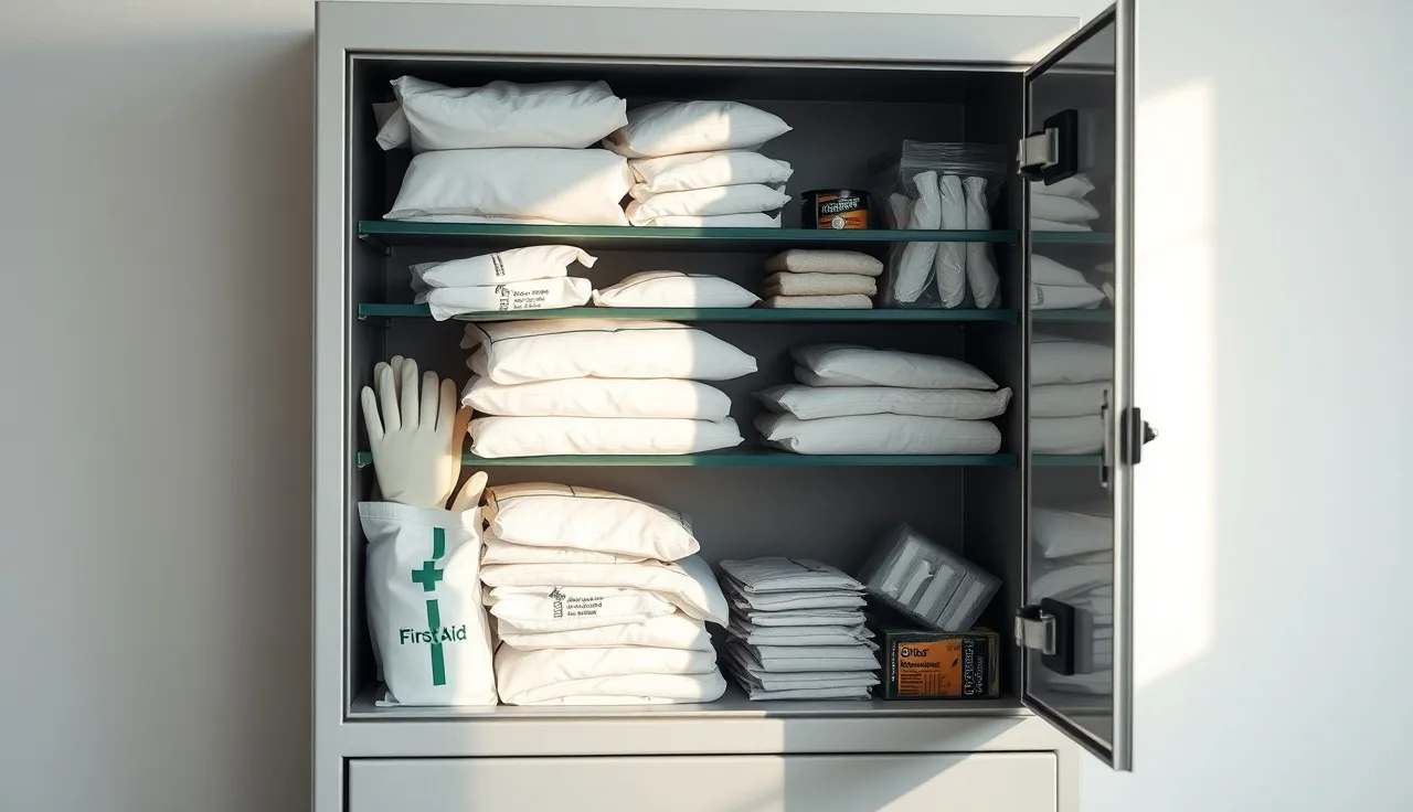 Open first aid cabinet with nitrile gloves and biohazard bags for blood spill cleanup