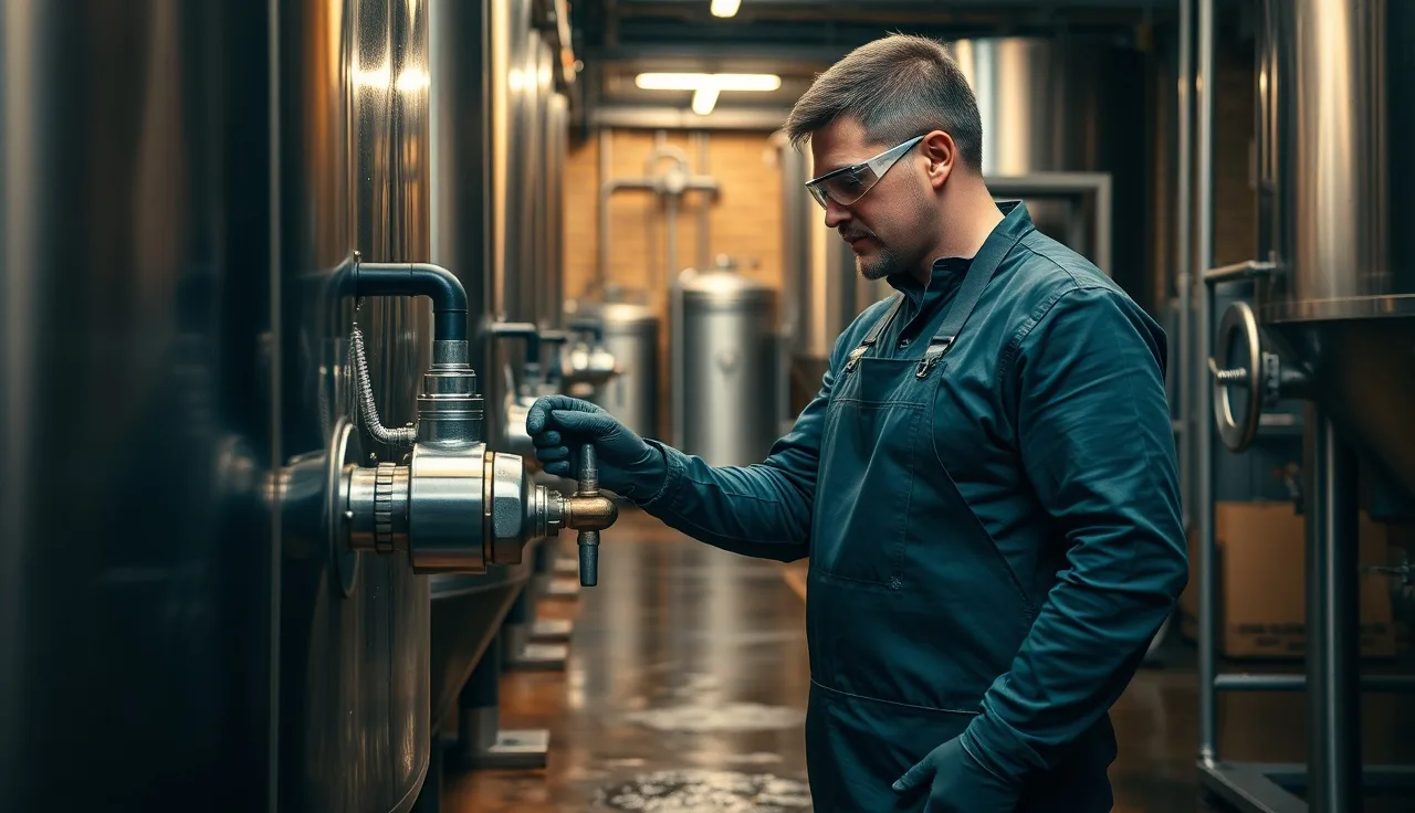 Brewery worker in PPE inspecting a stainless fermenter during chemical cleaning