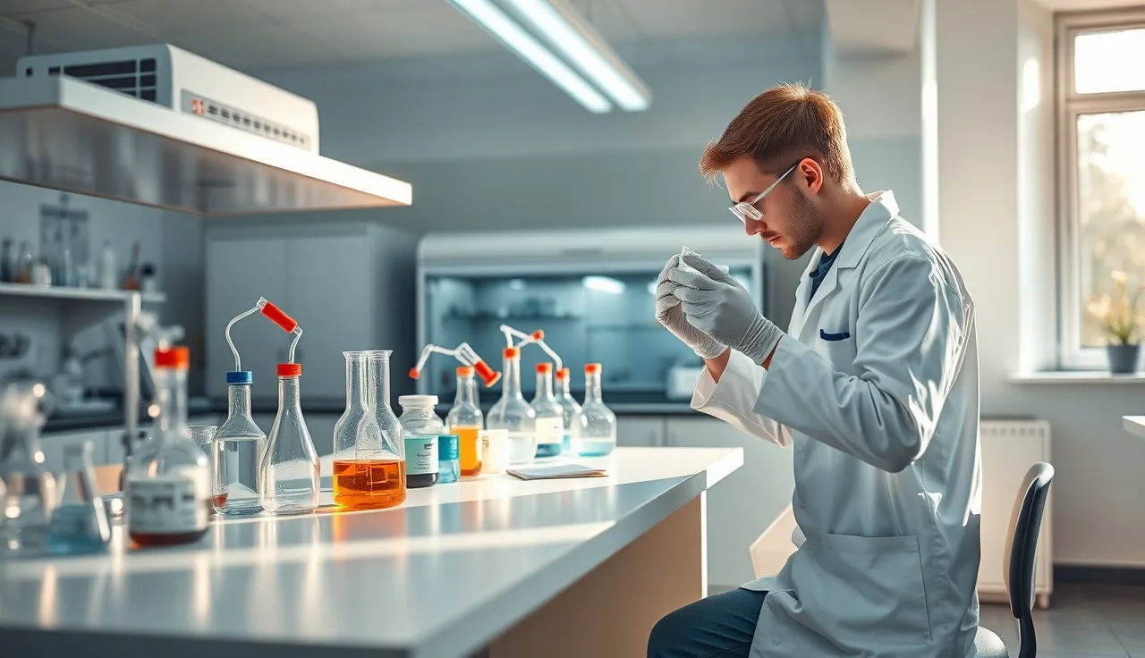 Lab worker in gloves examining a chemical solution inside a small laboratory