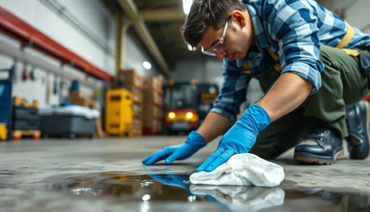 Worker in safety gloves placing absorbent pad over a chemical spill on concrete floor
