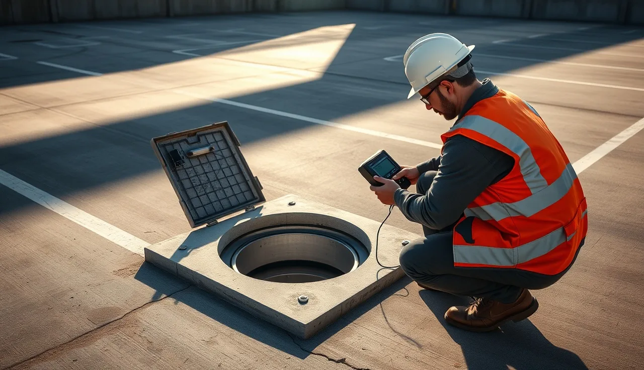 Worker testing air quality in an open utility vault before confined space entry