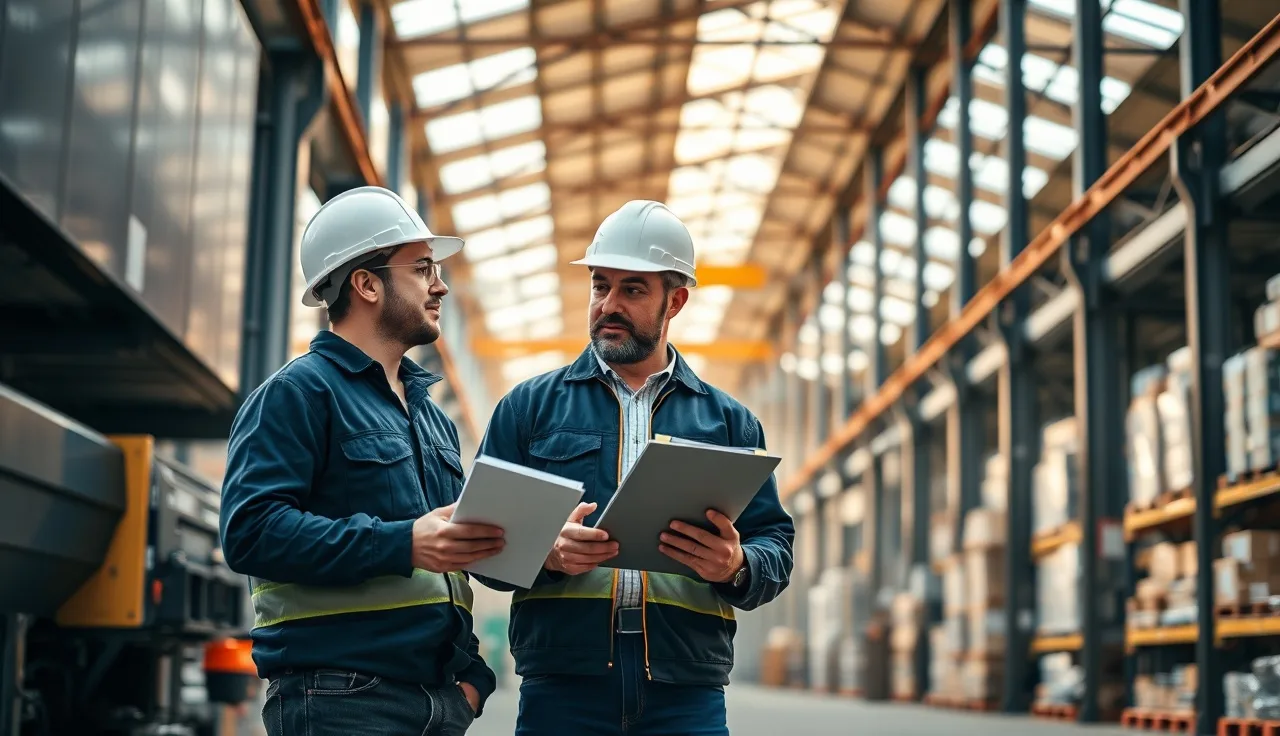 Two workers in hard hats reviewing contractor safety procedures in an industrial warehouse