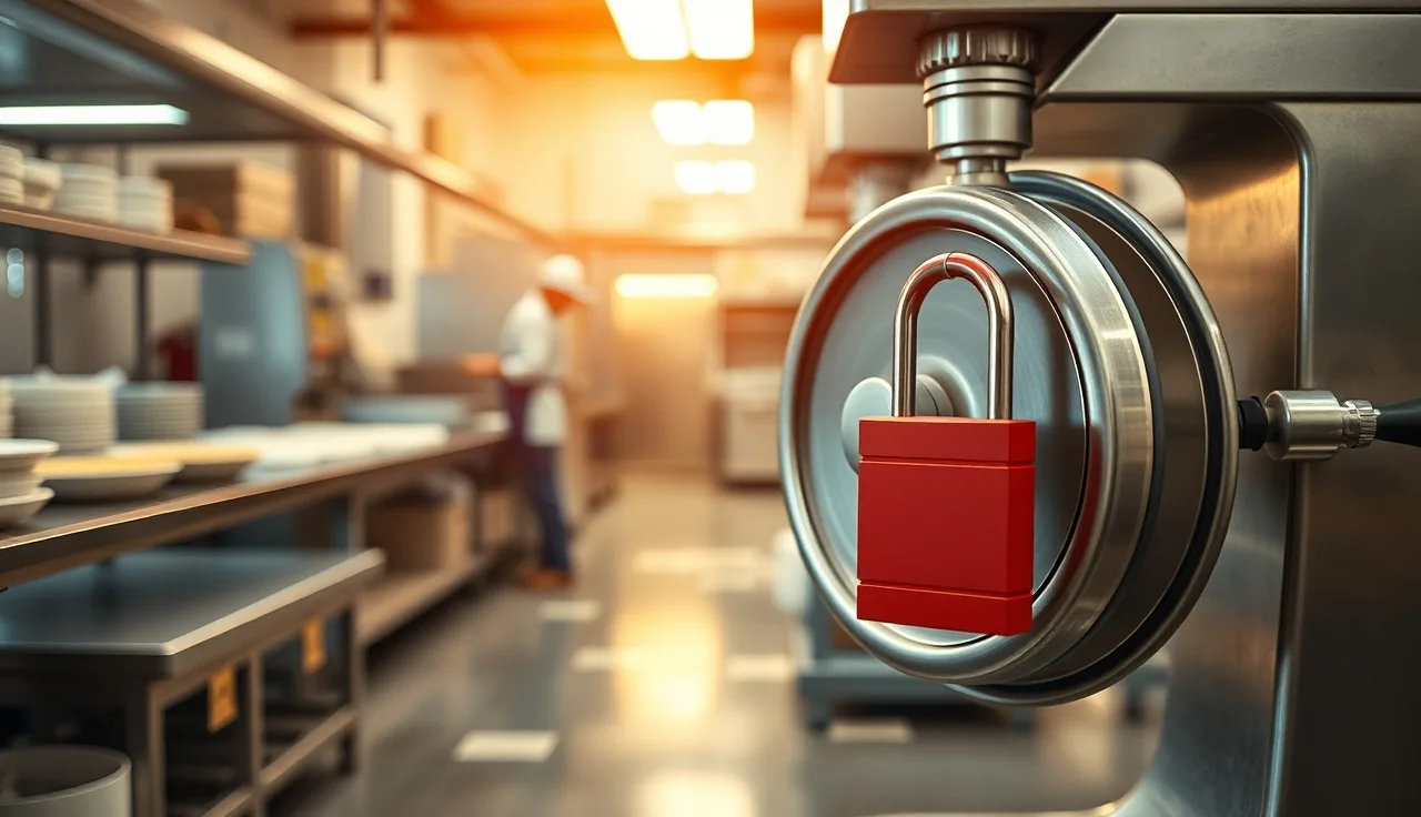 Red padlock on a commercial bakery mixer disconnect switch during servicing