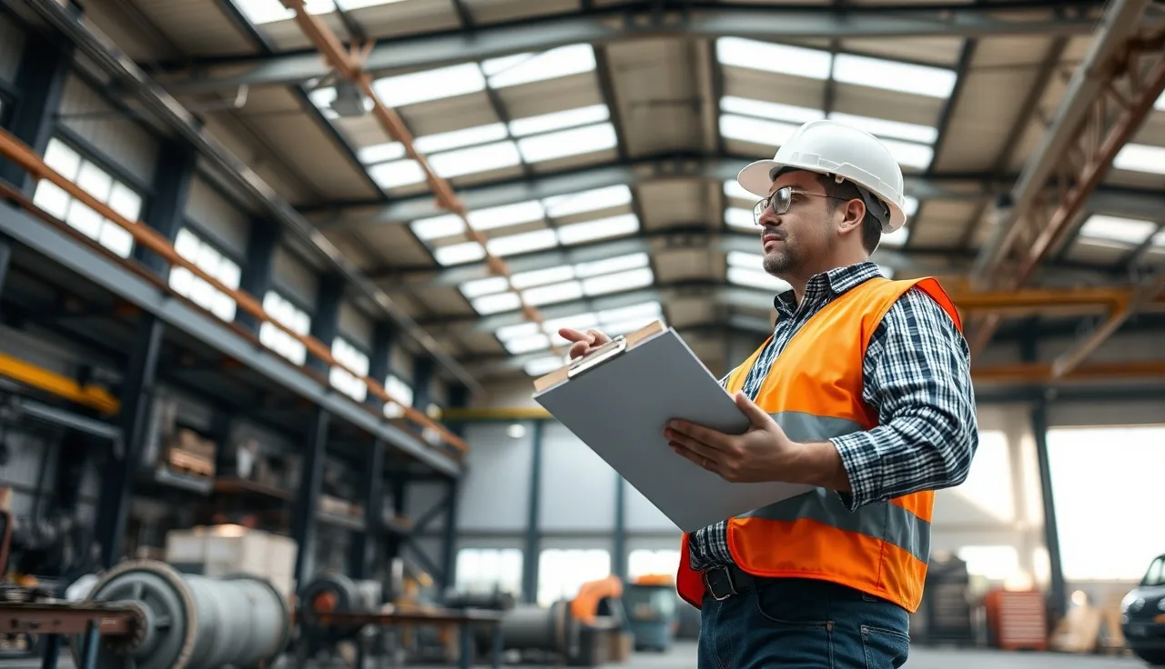 Safety manager reviewing corrective action findings at a metal fabrication workstation
