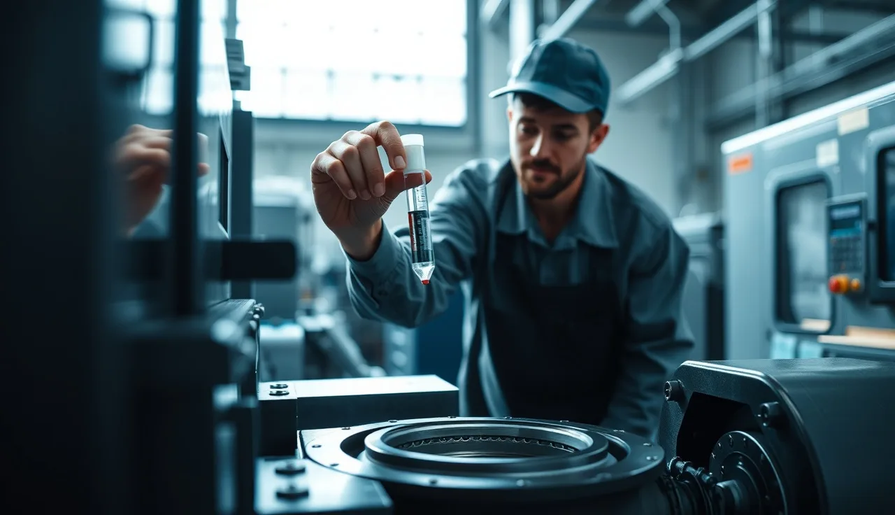 Machinist checking cutting fluid concentration with refractometer at CNC machine sump