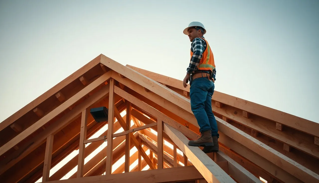 Worker on a steep residential roof frame in hard hat at golden hour
