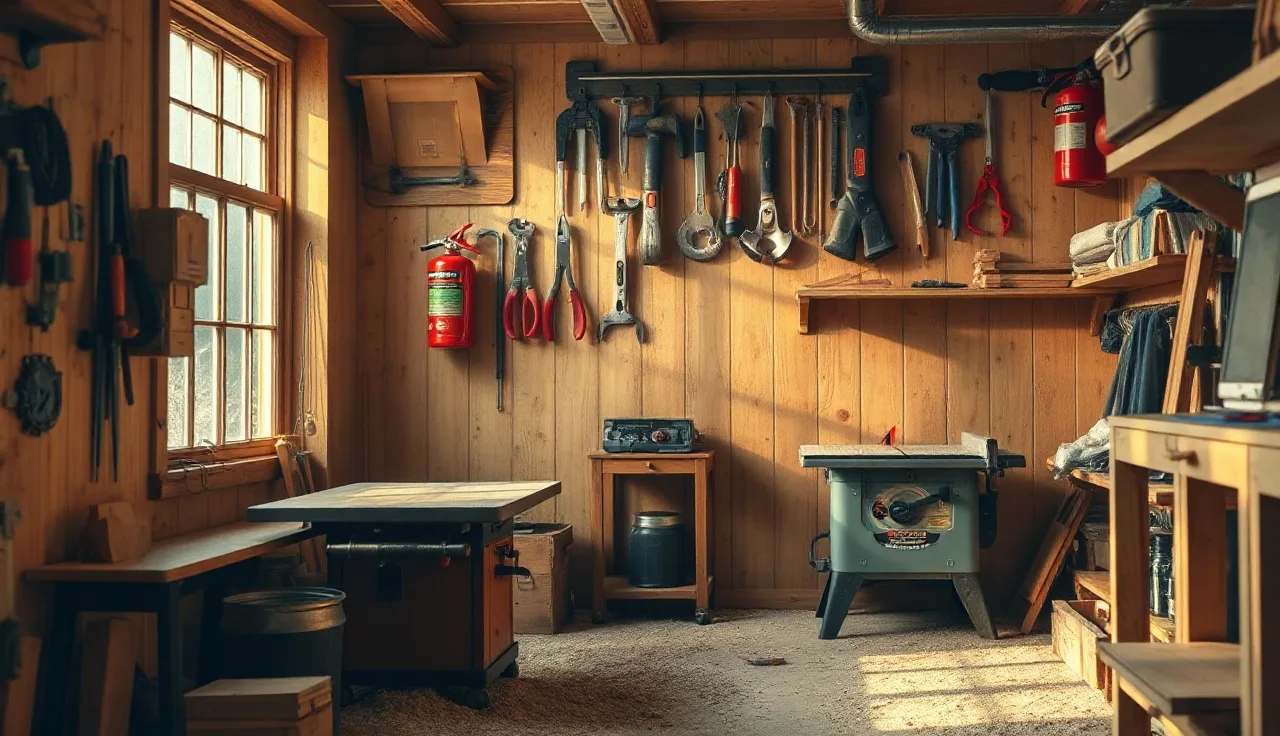 Small woodworking shop interior with table saw, red fire extinguisher on wall, and sawdust on floor