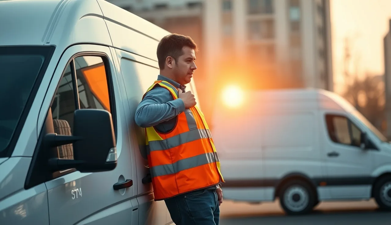 Delivery driver inspecting a cargo van during a pre-trip safety check