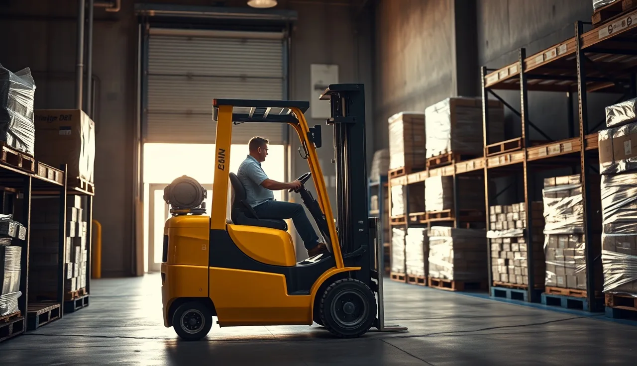 Forklift operator in warehouse aisle beside tall pallet racking at loading dock