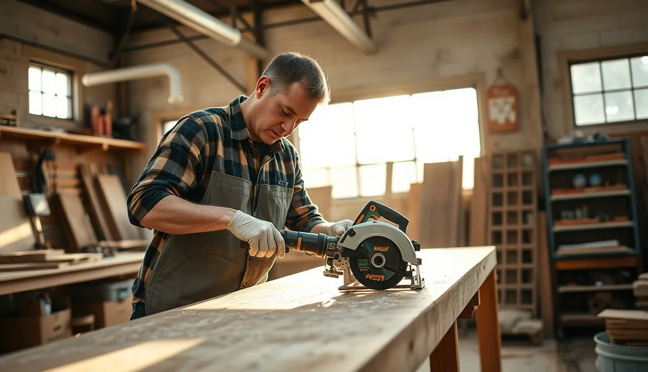 Worker inspecting a circular saw at a wooden workbench in a sunlit shop